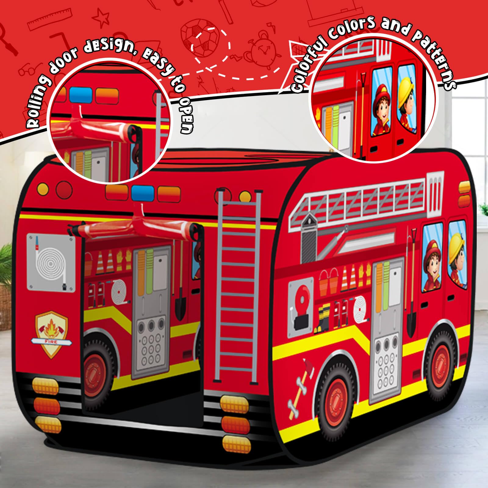 Britik Fire Truck Pop Up Tent top opening supports basket shooting games.
