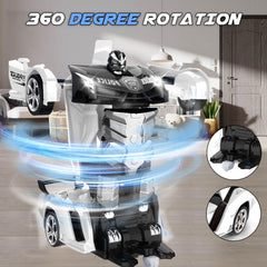 Britik Transform RC car performing 360-degree rotation and drifting stunts.