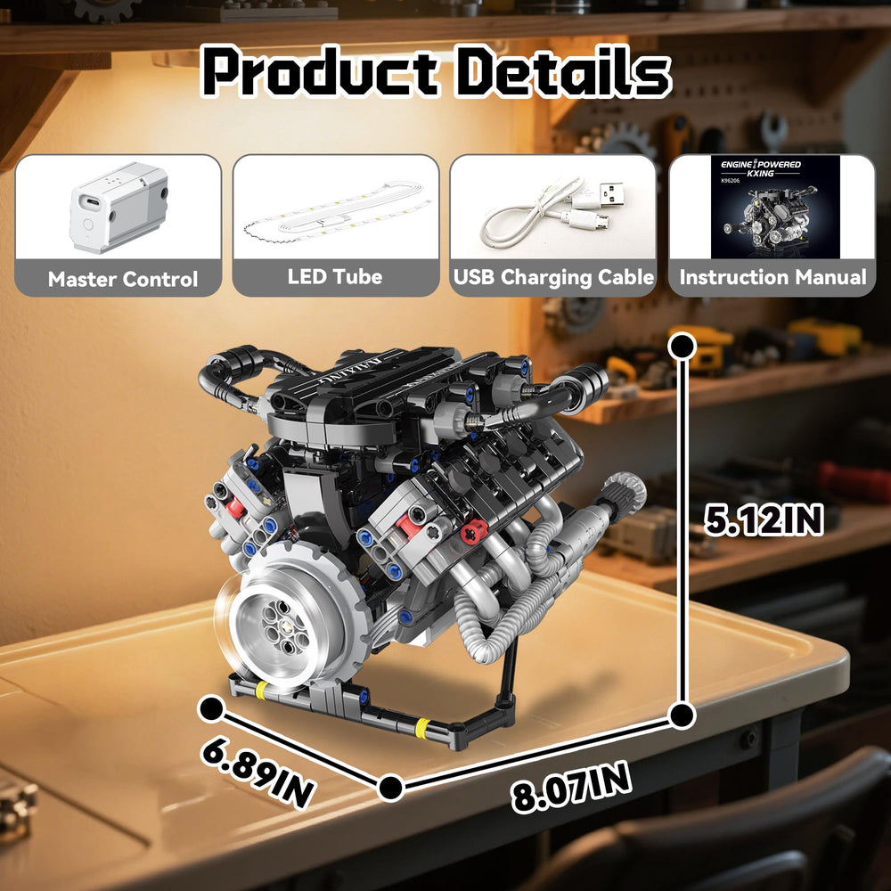 BrixVibe V8 Mini Engine Kit LED lighting highlights engine realism