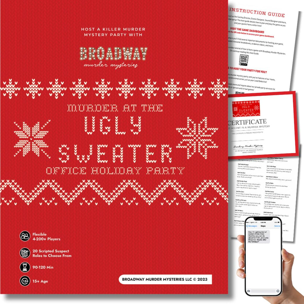 Broadway Murder Mysteries Ugly Sweater Office Party visual for festive, office-ready murder mystery fun