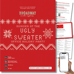 Broadway Murder Mysteries Ugly Sweater Office Party visual for festive, office-ready murder mystery fun