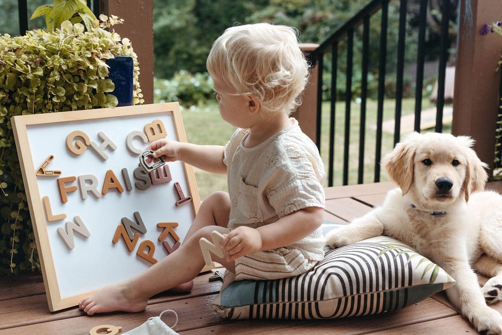 Brooklyn Neutral 26-piece alphabet magnets arranged for learning