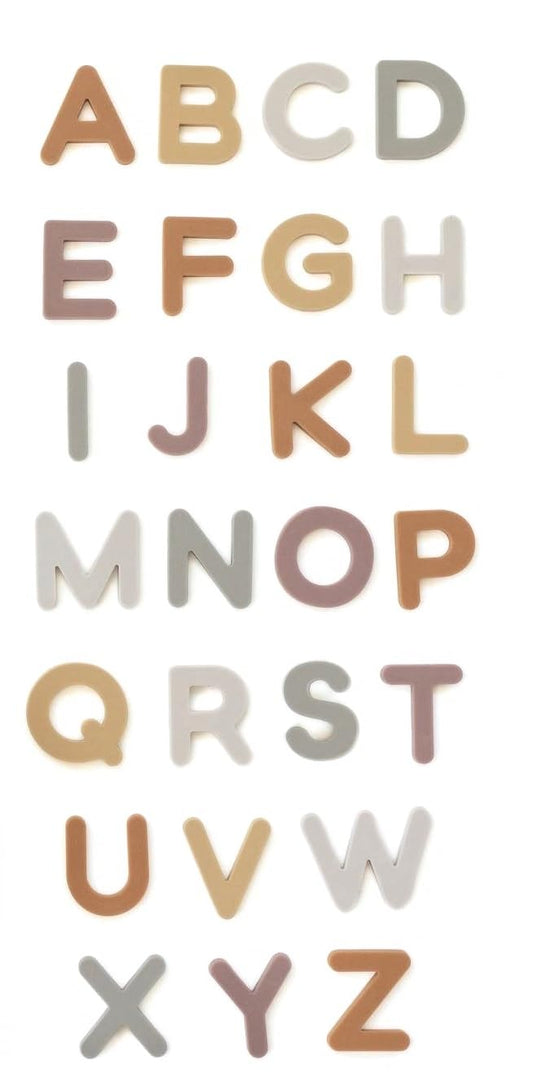 Brooklyn Neutral silicone alphabet magnets on fridge for early literacy play