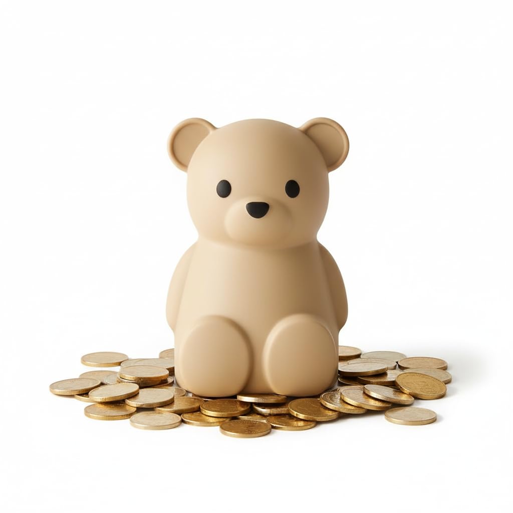 Brooklyn Neutral silicone teddy bear coin bank, soft finish for safe toddler savings.