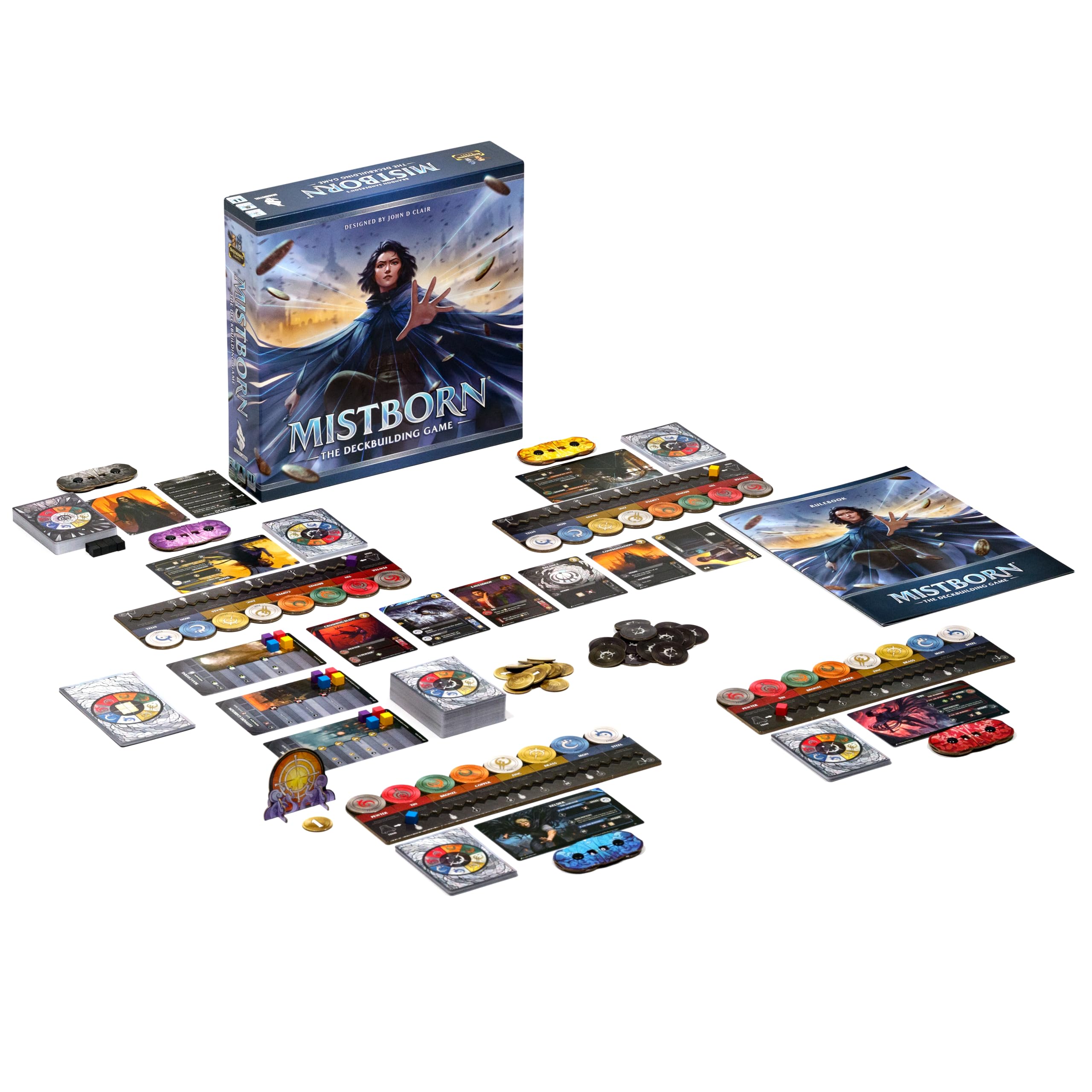 Brotherwise Mistborn character boards track abilities and deck upgrades.