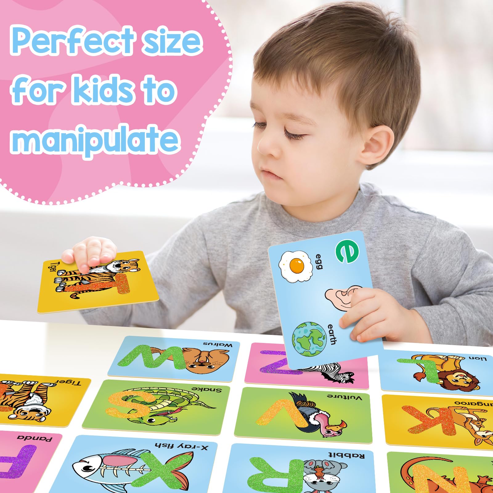 Broytain sandpaper letters card E with animal illustration helps letter-sound exploration.