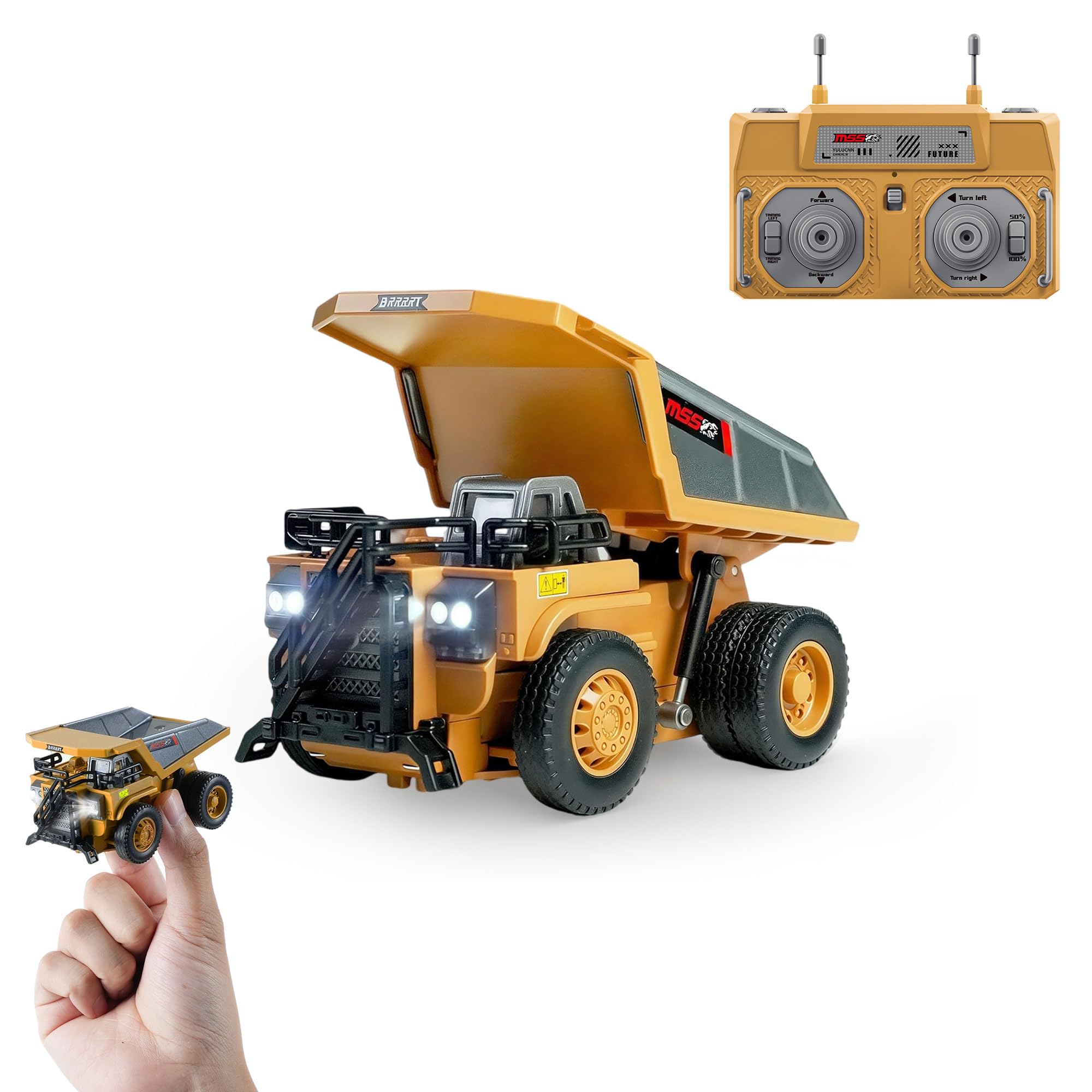 BRRRRT 1/64 RC dump truck with metal bed in action for durable play.