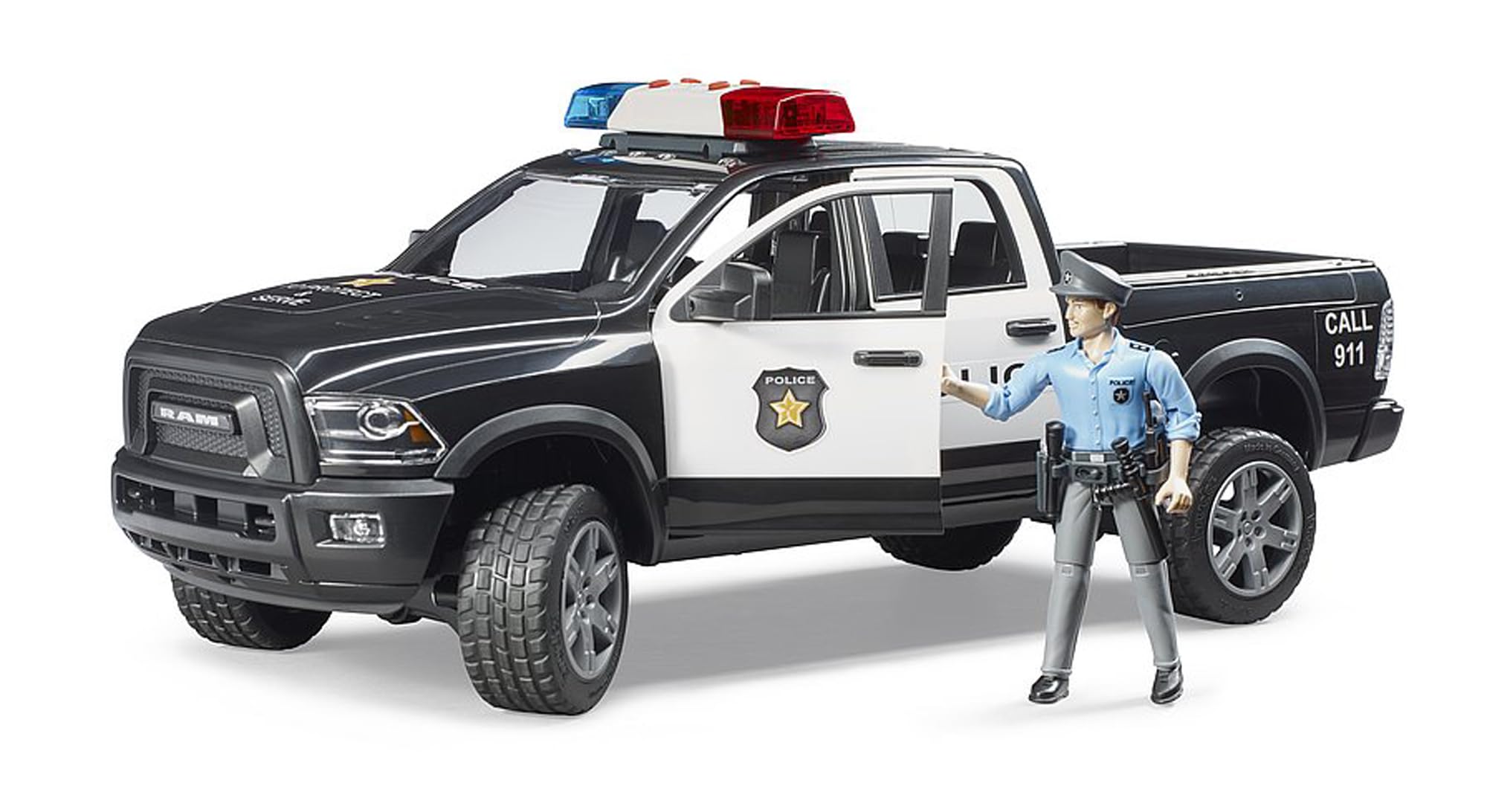 Bruder 02505 Ram 2500 Police Pickup four doors open for easy figure access