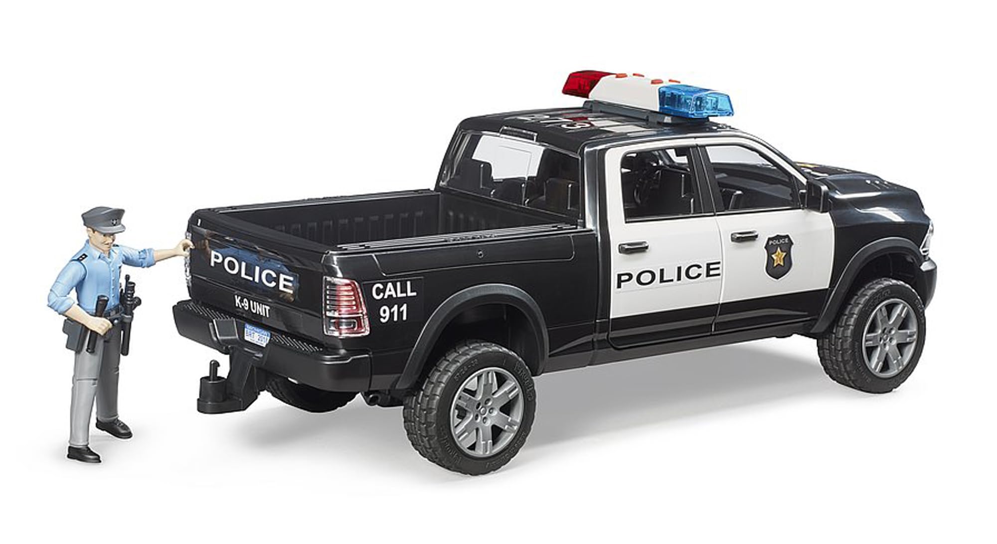 Bruder 02505 Ram 2500 Police Pickup tailgate opens for versatile play
