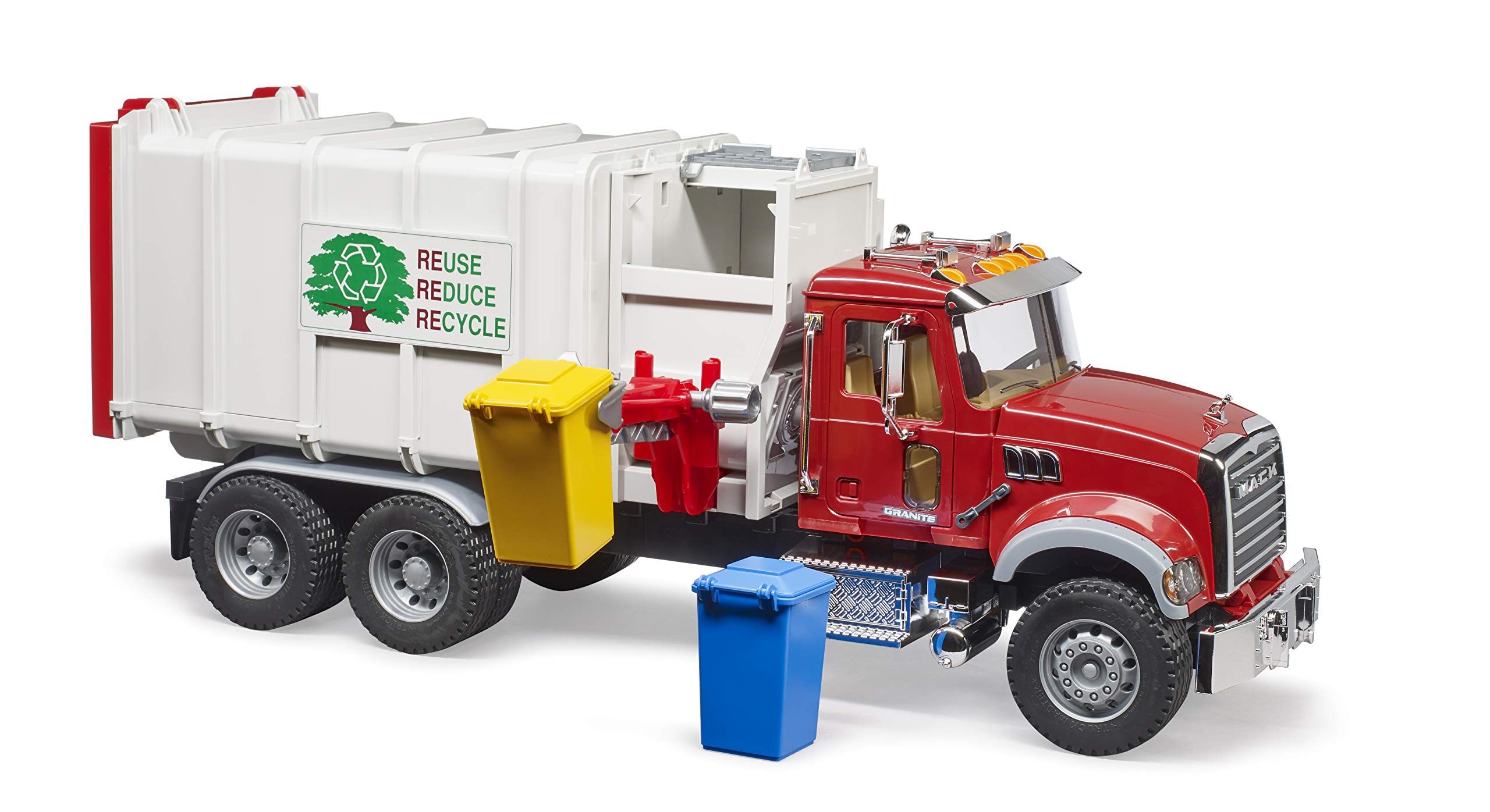 Bruder 02811 Mack Granite compatible with 02607 cans for recycling role-play.
