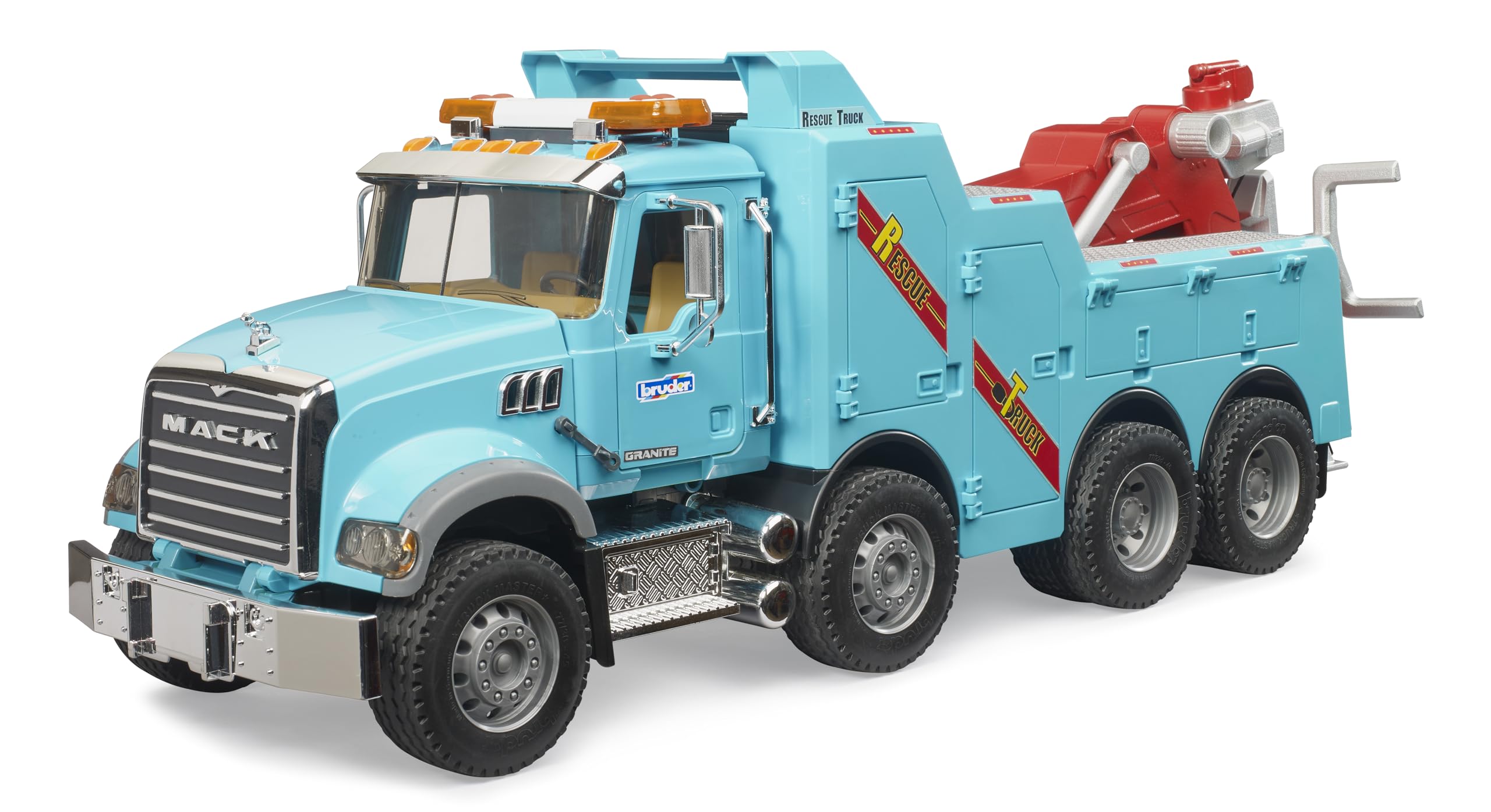 Bruder 02831 Mack Granite rescue wrecker front view for authentic indoor outdoor play