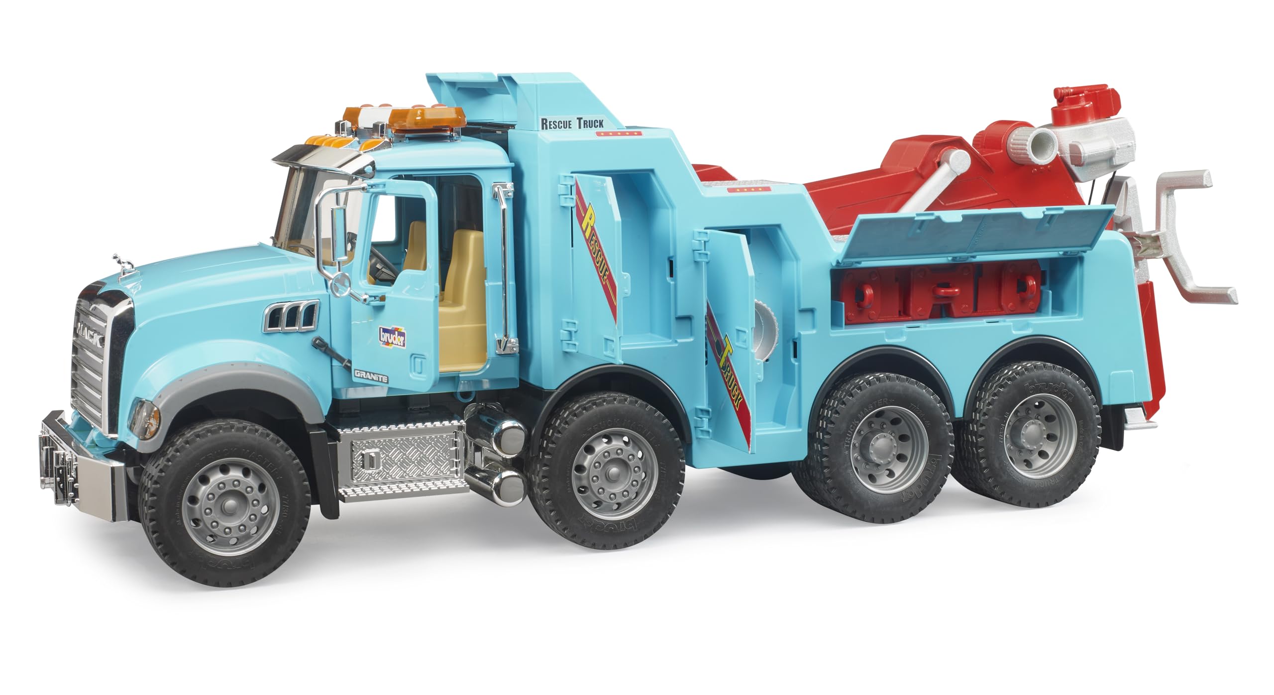 Bruder Mack Granite rescue wrecker towing frame in action for pretend recoveries