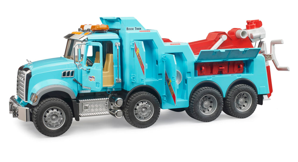 Bruder Mack Granite rescue wrecker towing frame in action for pretend recoveries