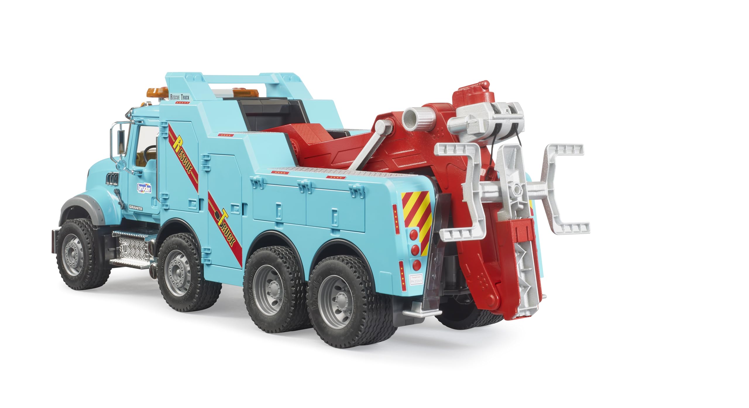 Bruder 02831 Mack Granite wrecker winch in use for vehicle recovery