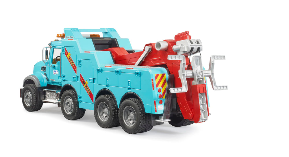Bruder 02831 Mack Granite wrecker winch in use for vehicle recovery