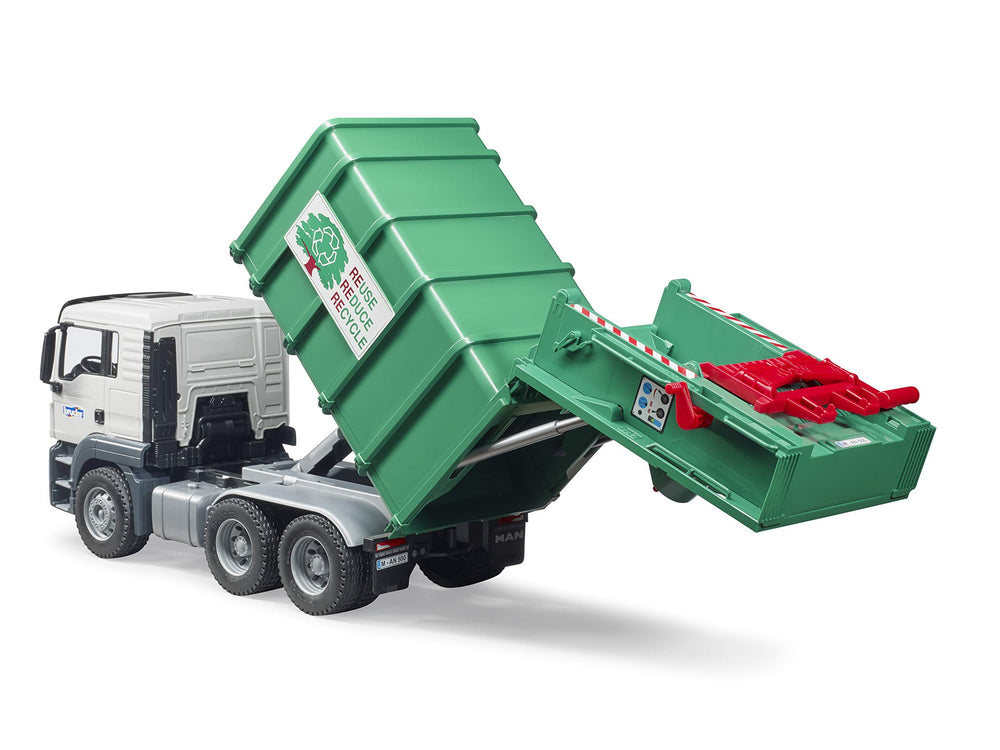 Bruder rear-side loader mechanism: authentic loading action for storytelling play.