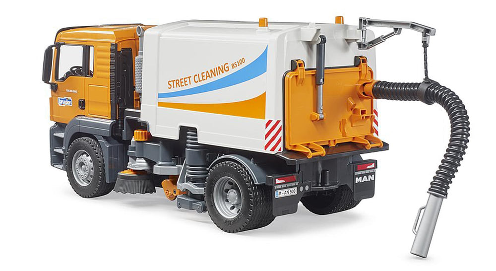 Bruder 03780 Man TGS Street Sweeper rear door opens to empty the waste.