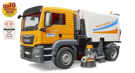 Bruder 03780 Man TGS Street Sweeper side brushes detail for thorough edge cleaning.