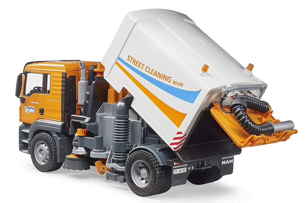 Bruder 03780 Man TGS Street Sweeper tilt-to-empty waste container for easy disposal.