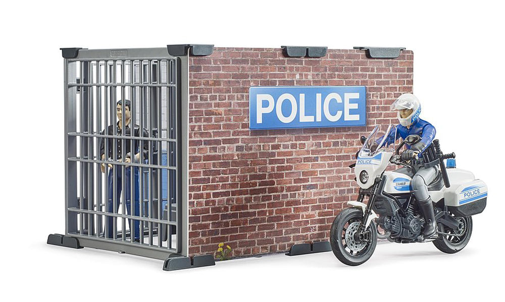 BRUDER bworld police station assembled with figures for immersive play sets.