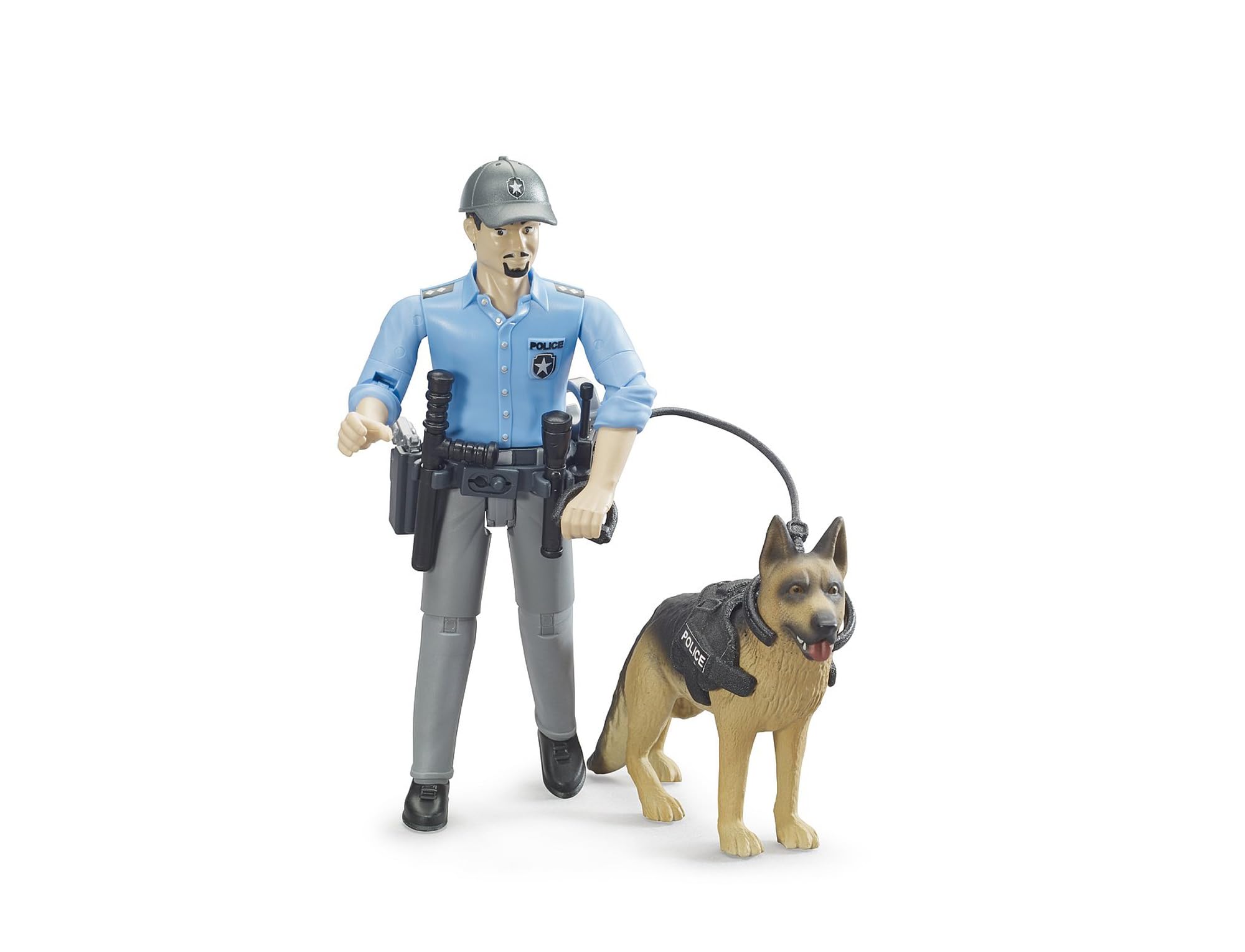 Bruder bworld Policeman with Dog figure, front view, ready for imaginative rescue missions.