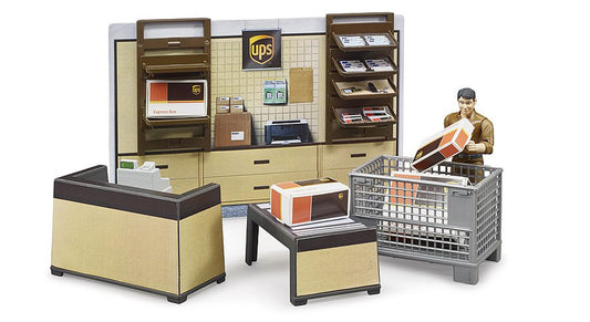 Bruder bworld UPS Store parcel scale highlights precise checkout feel during play.