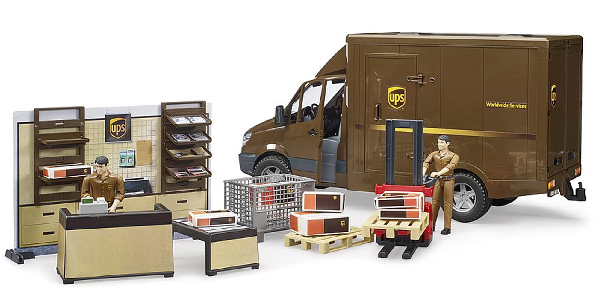 Bruder bworld UPS Store wall rack and shelf add realistic storage and display options.