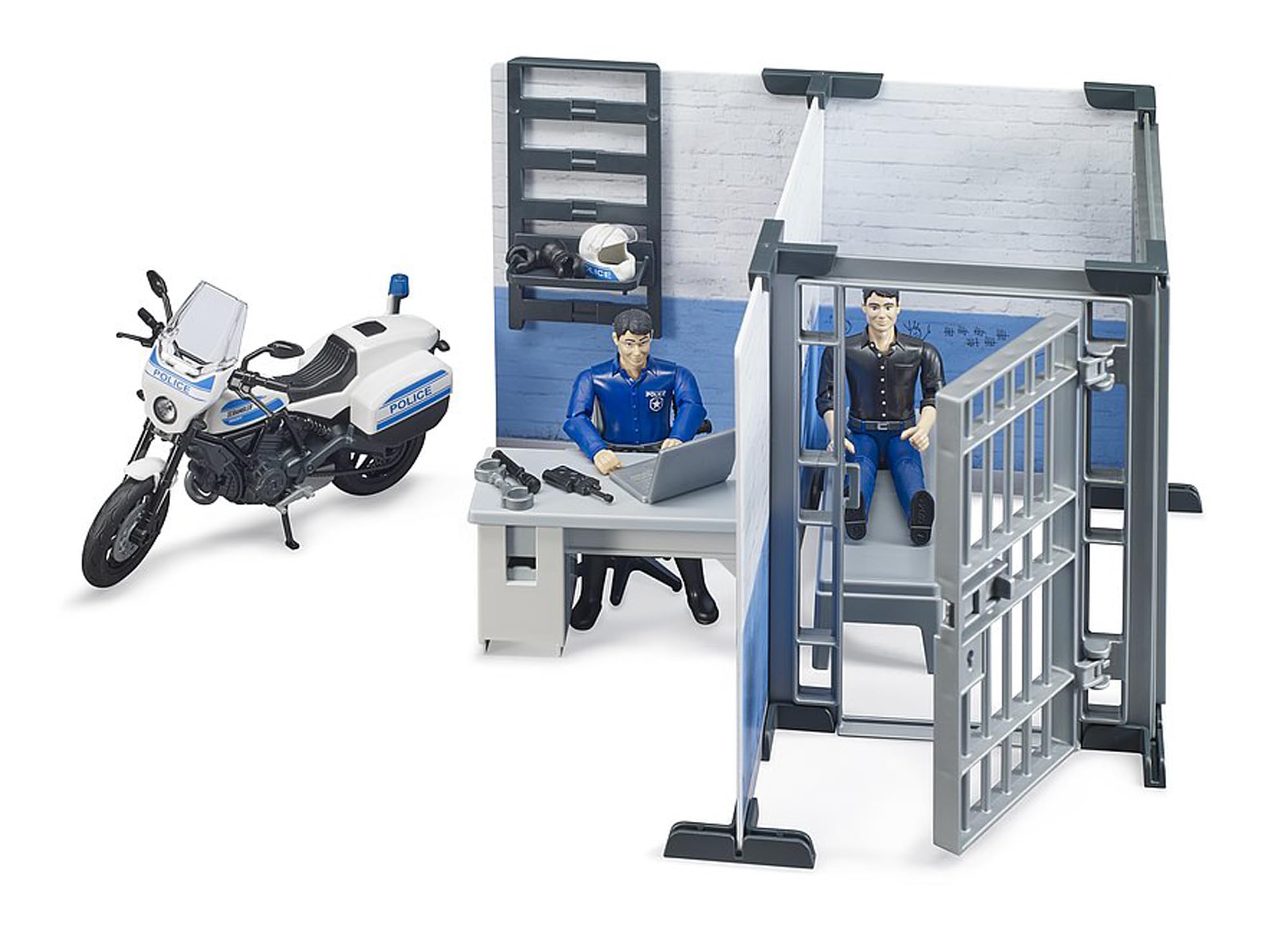 BRUDER bworld wall shelving unit with office furniture for organized scenes.