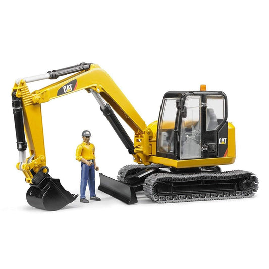 Bruder CAT mini excavator with worker for realistic, hands-on play indoors and outdoors.