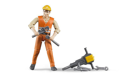 Bruder construction worker with accessories tools close-up for realistic role-play.
