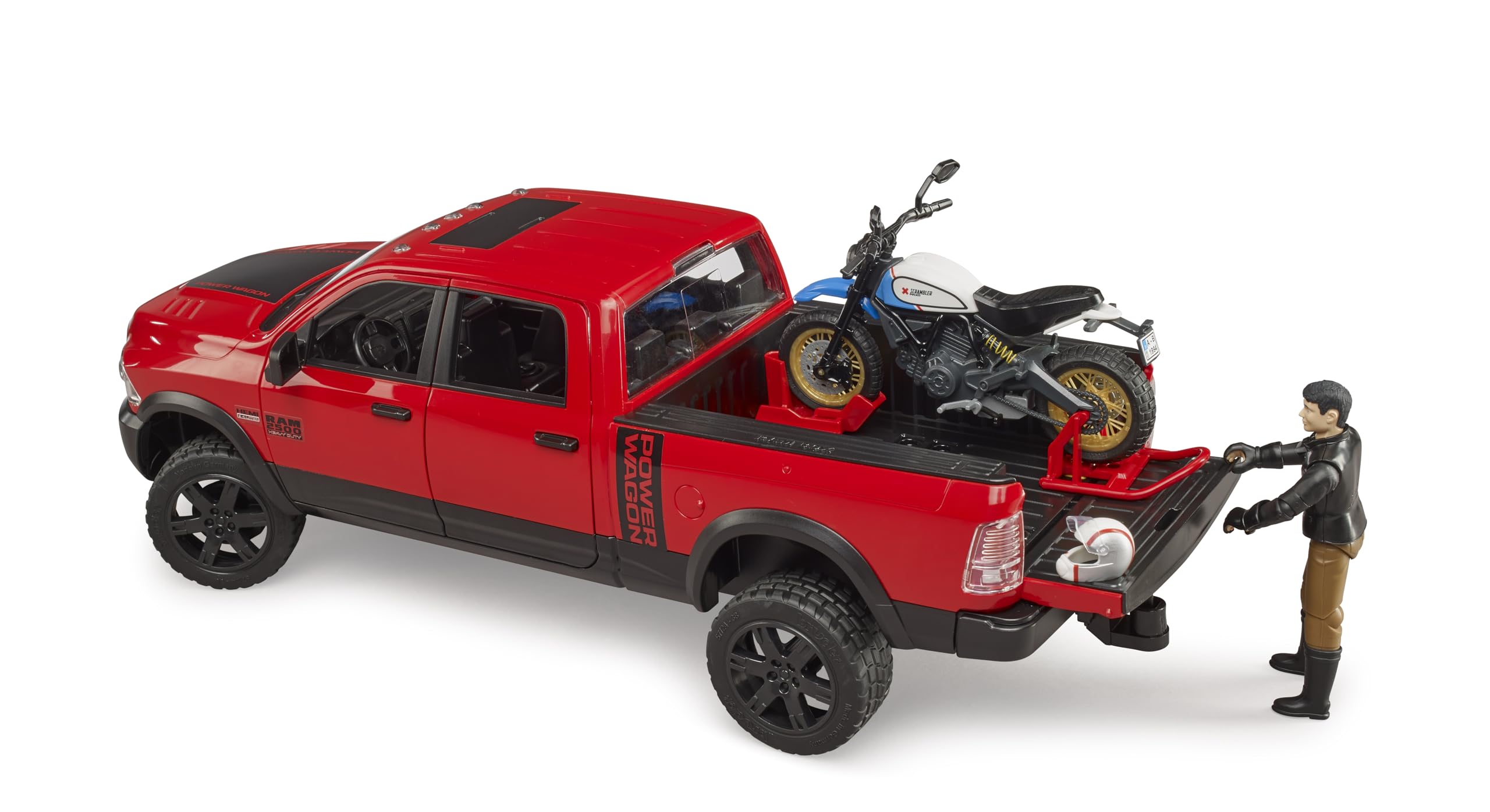 Bruder Ducati Scrambler Desert Sled on loading platform for authentic transport play.