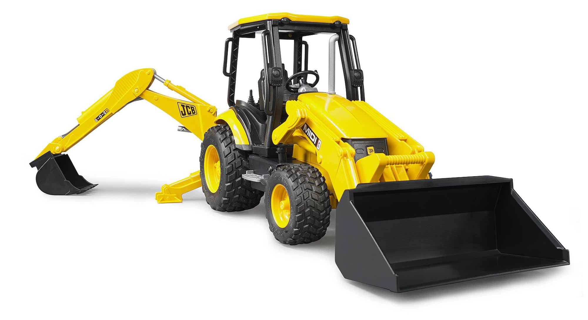 Bruder JCB MIDI CX backhoe loader detachable parts enable interchangeable tools