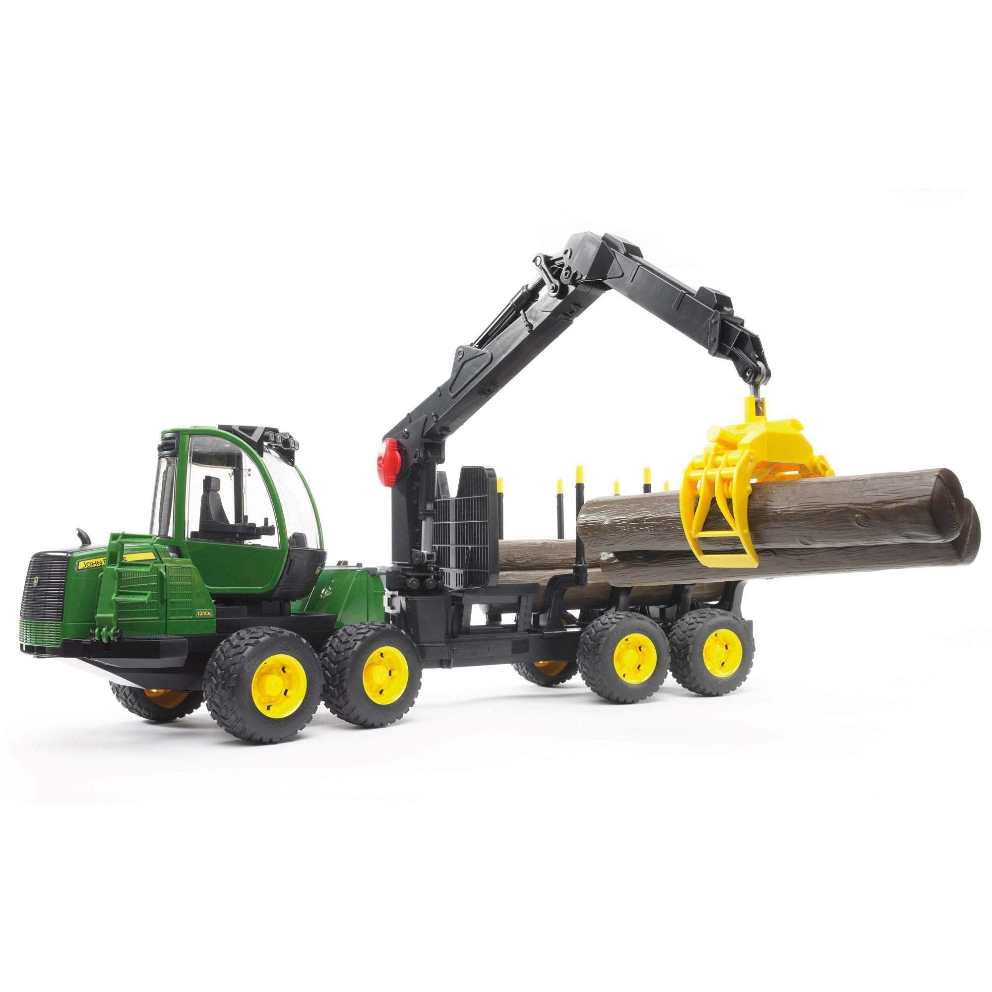 Bruder John Deere 1210E Forwarder cab view showing durability and clear visibility