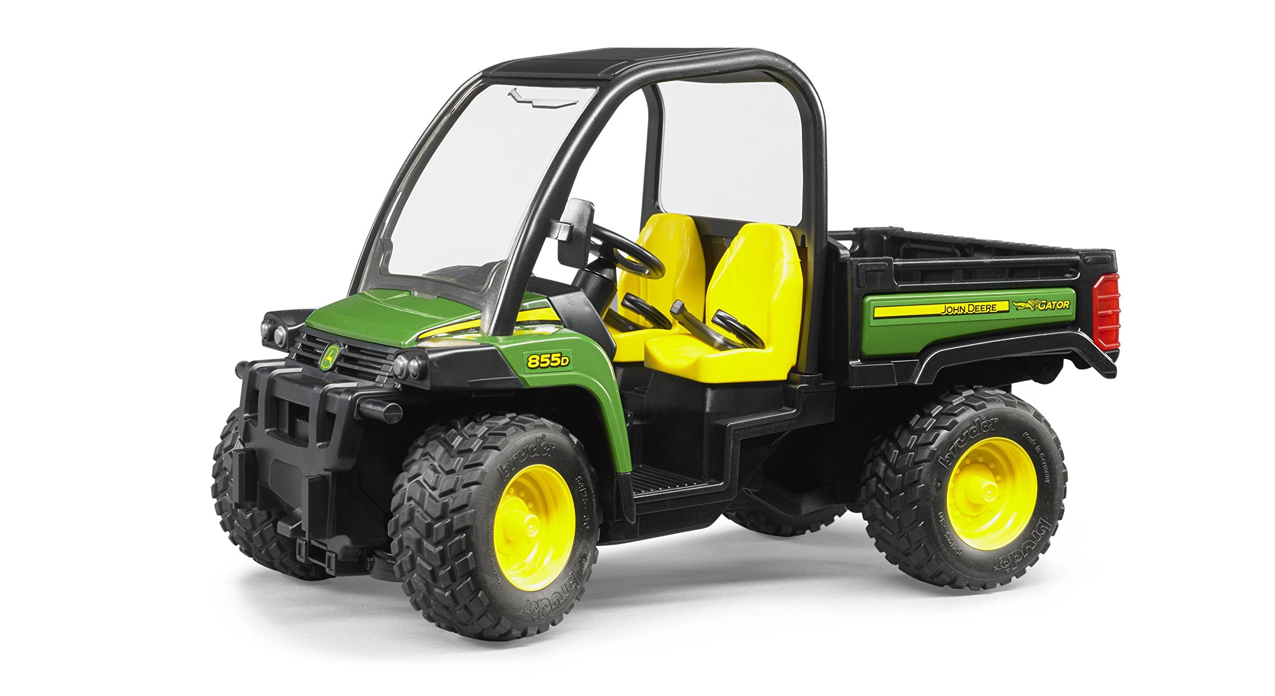 Bruder John Deere 855D Gator XUV cabin windows offer clear, durable visibility for indoor and outdoor play.