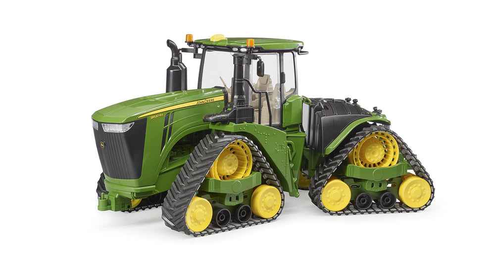 Bruder John Deere 9620RX track tractor front angle, rugged crawler power for immersive play.