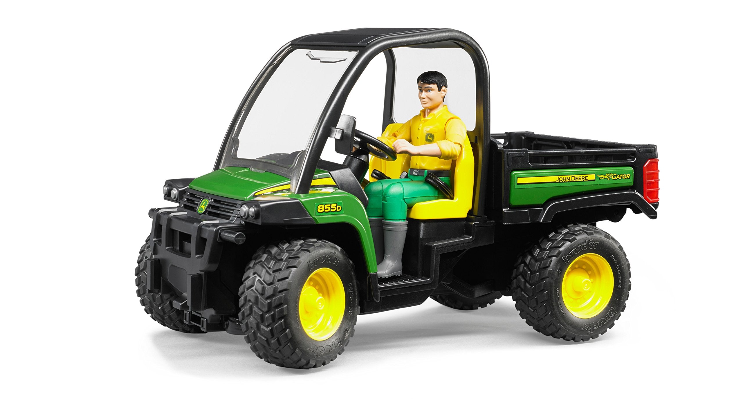 Bruder John Deere Gator XUV 855D cab windows offer clear visibility for imaginative play.