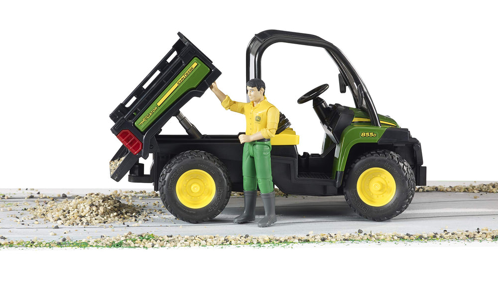 Bruder John Deere Gator XUV 855D driver figure enhances role-play realism.