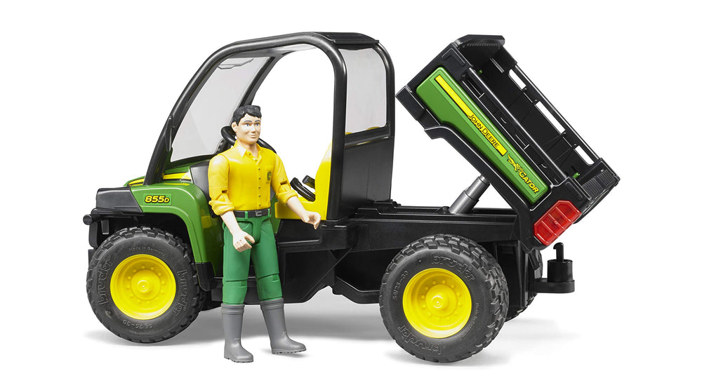 Bruder John Deere Gator XUV 855D lift gate opens for accessory interaction.
