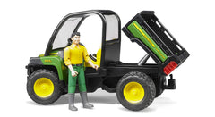 Bruder John Deere Gator XUV 855D lift gate opens for accessory interaction.