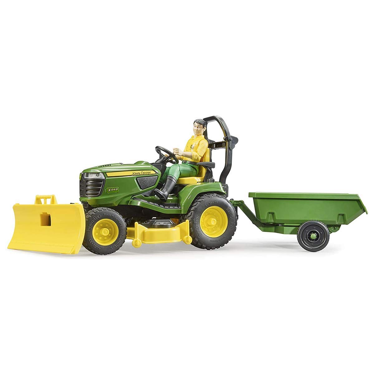 Bruder John Deere lawn tractor side view for durable, long-lasting play.
