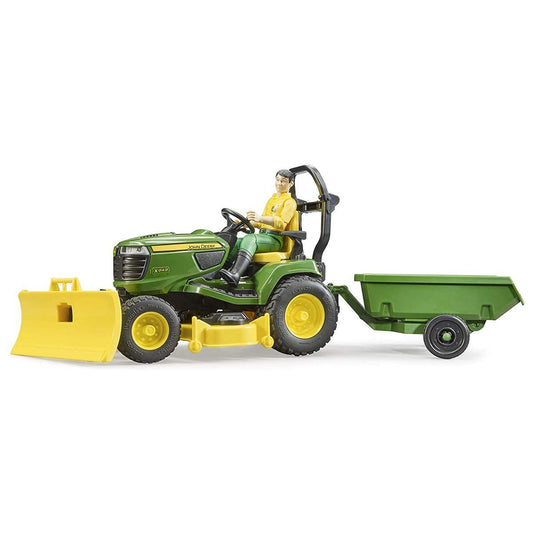 Bruder John Deere lawn tractor side view for durable, long-lasting play.