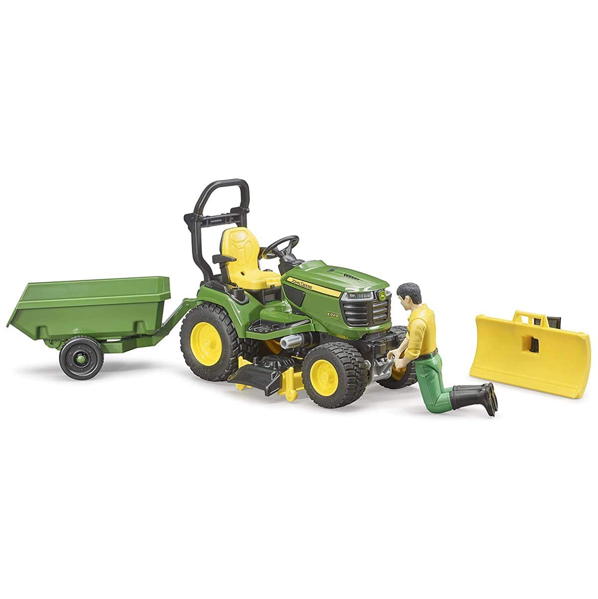 Bruder lawn tractor trailer attachment enables easy tool transport during play.