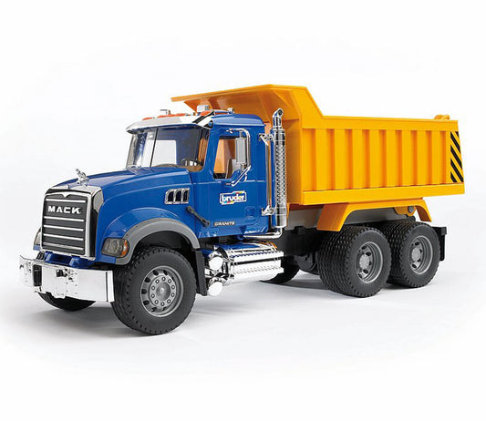 Bruder Mack Granite engine-reveal cab for realistic play and detail.