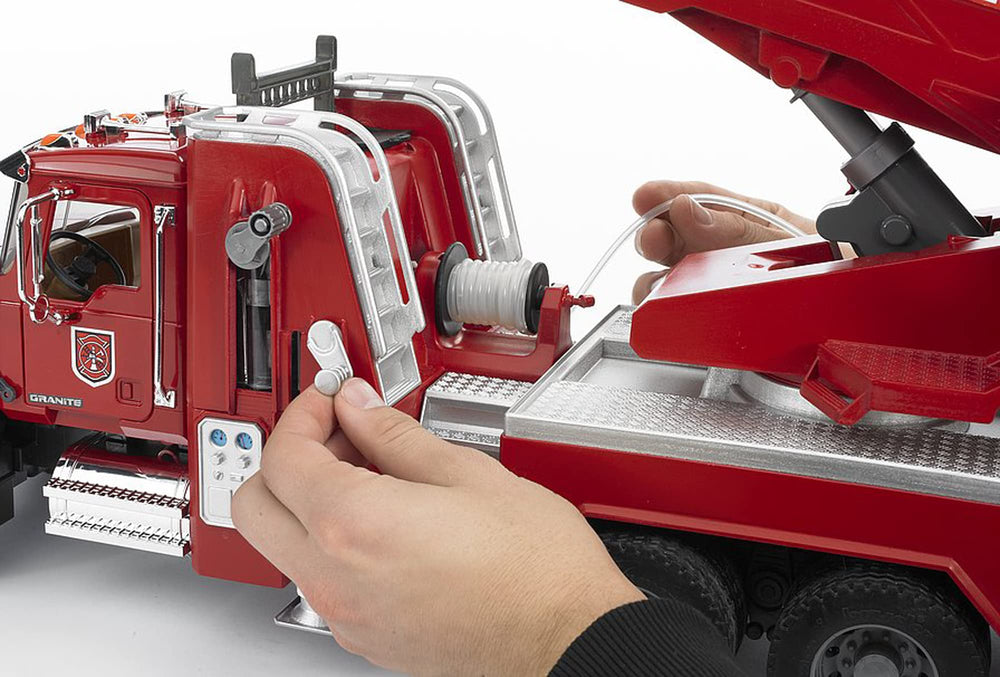 Bruder Mack Granite fire engine integrated water tank for interactive water play
