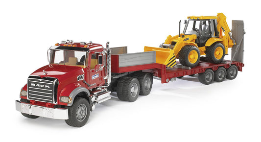 Bruder Mack Granite flatbed truck with rugged finish for durable pretend play.