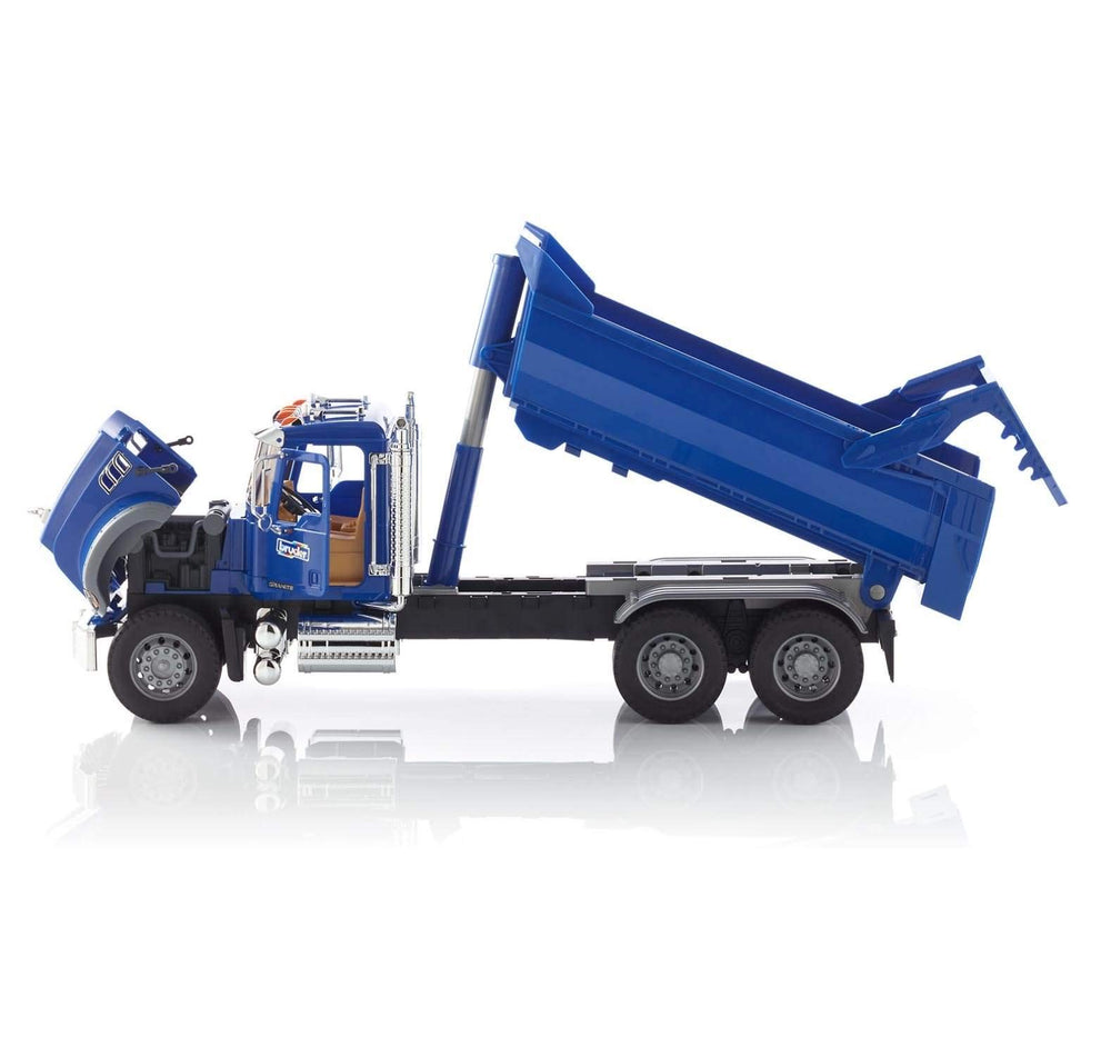 Bruder Mack Granite Halfpipe Truck with open engine bonnet reveals accessible engine area for curious hands.
