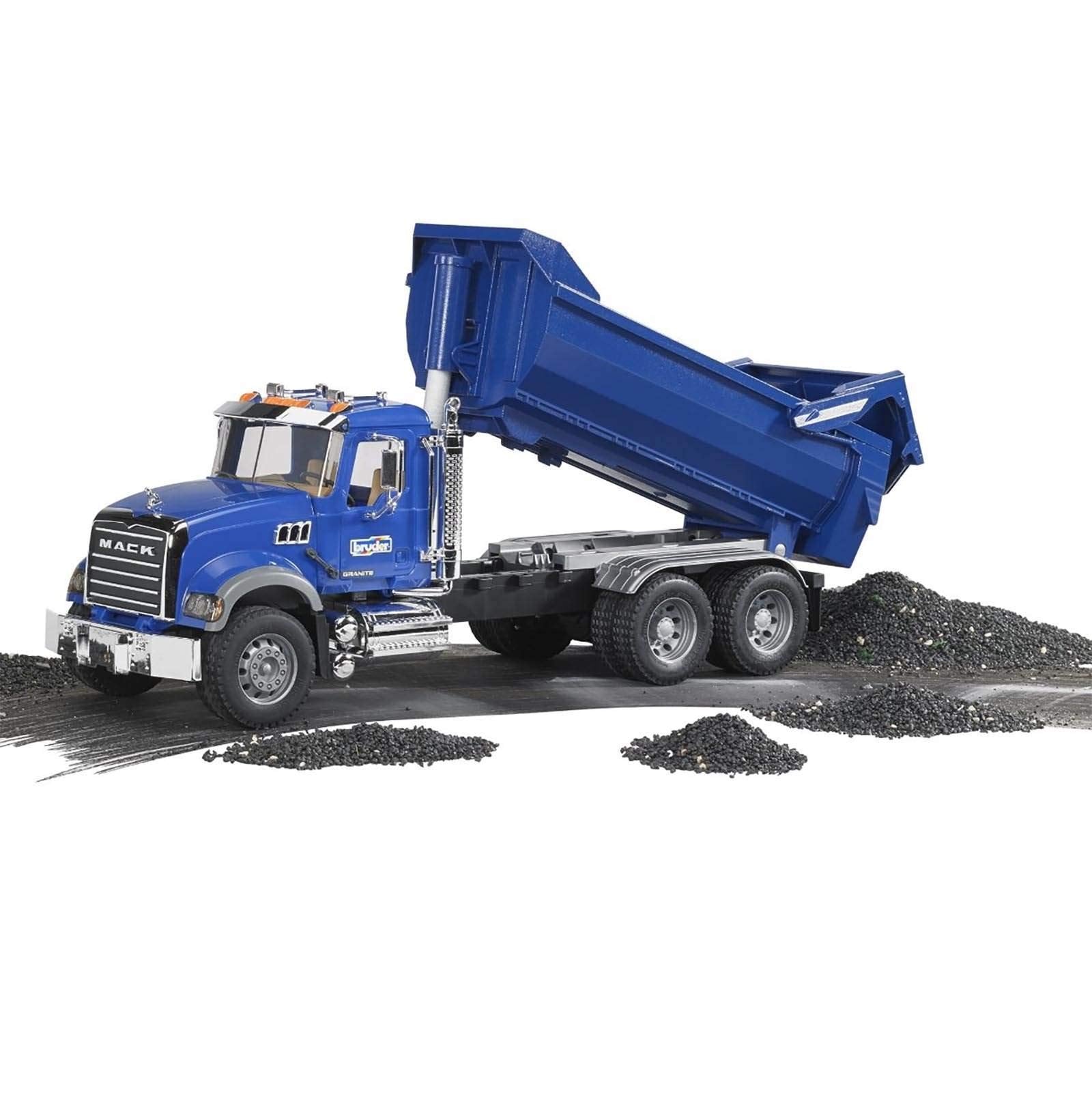 Bruder Mack Granite Halfpipe Truck tailgate lock illustrates adjustable unloading positions for varied play.