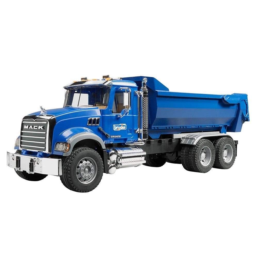 Bruder Mack Granite Halfpipe Truck cab front view highlights sturdy detailing for imaginative play.