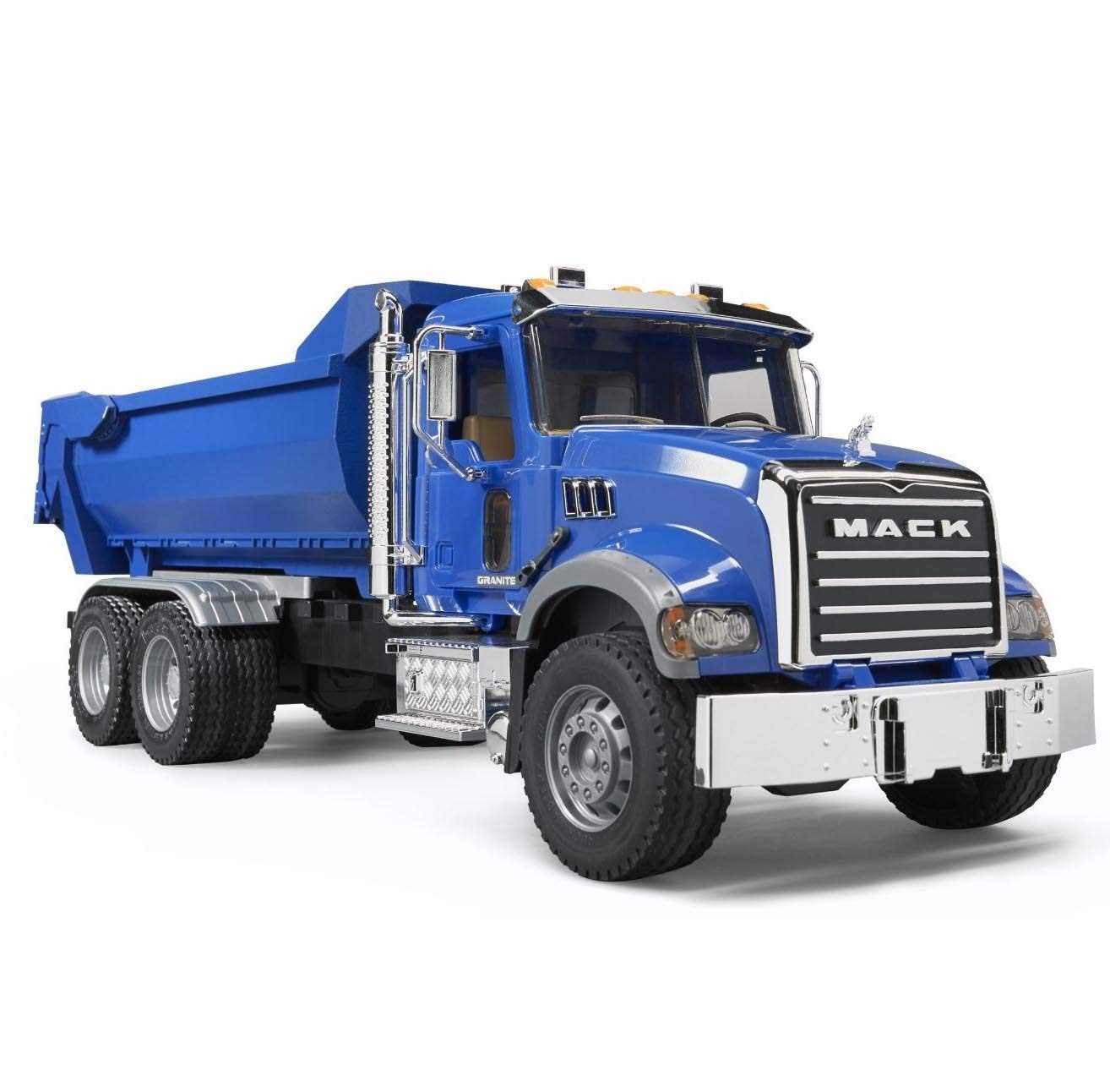 Bruder Mack Granite Halfpipe Truck tilting trough demonstrates easy loading and unloading during play scenes.