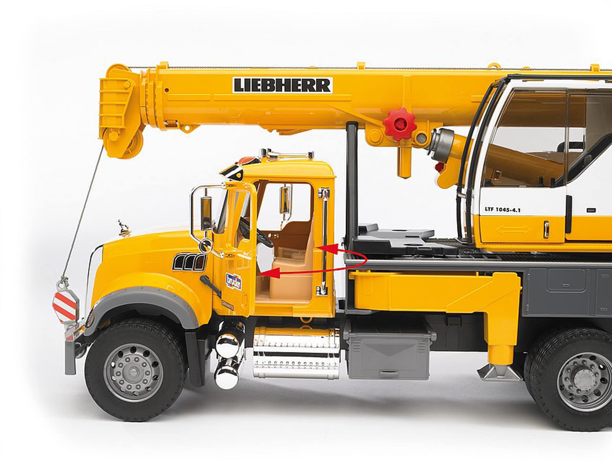 Bruder die-cast hook lowers noiselessly for smooth operation